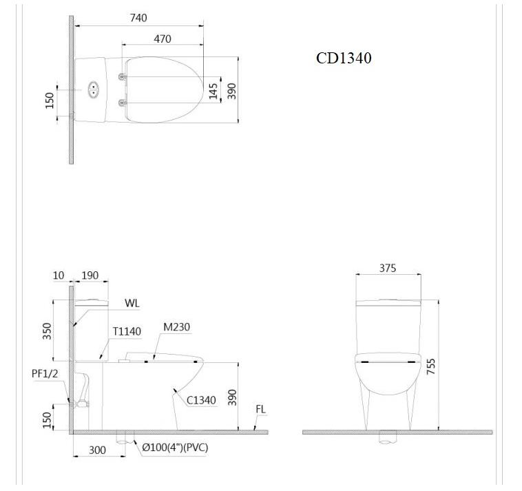 Chi tiết bản vẽ kỹ thuật bàn cầu caesar CD1340-TAF400H