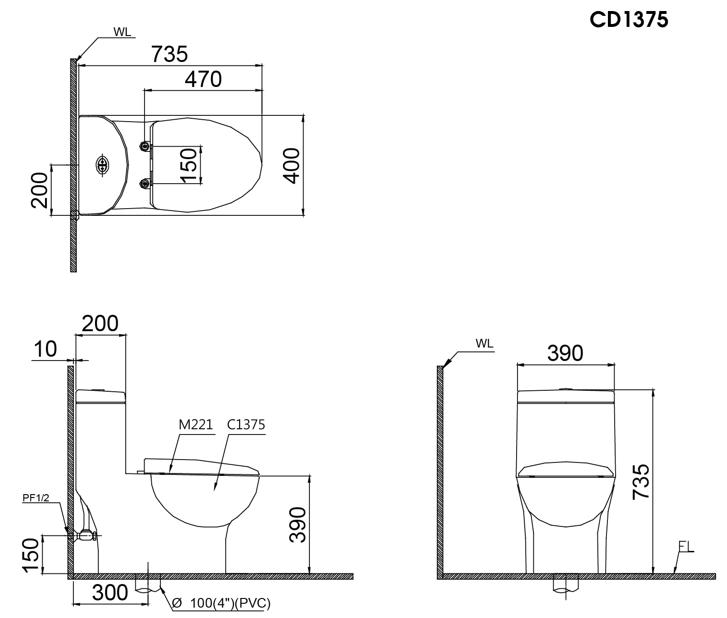 Bản vẽ kỹ thuật bồn cầu 1 khối Caesar CD1375 kết hợp nắp rửa cơ TAF050