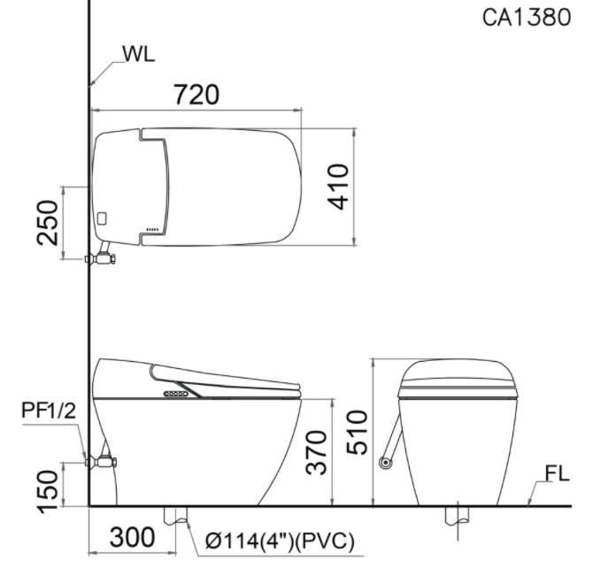 Chi tiết bản vẽ kỹ thuật bàn cầu điện tử Caesar CA1380H