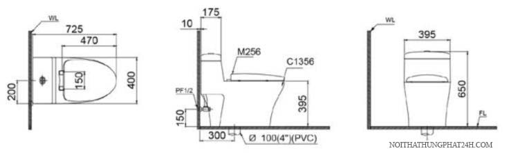 Bản vẽ kỹ thuật bồn cầu 1 khối Caesar CD1356 kết hợp nắp cơ TAF050