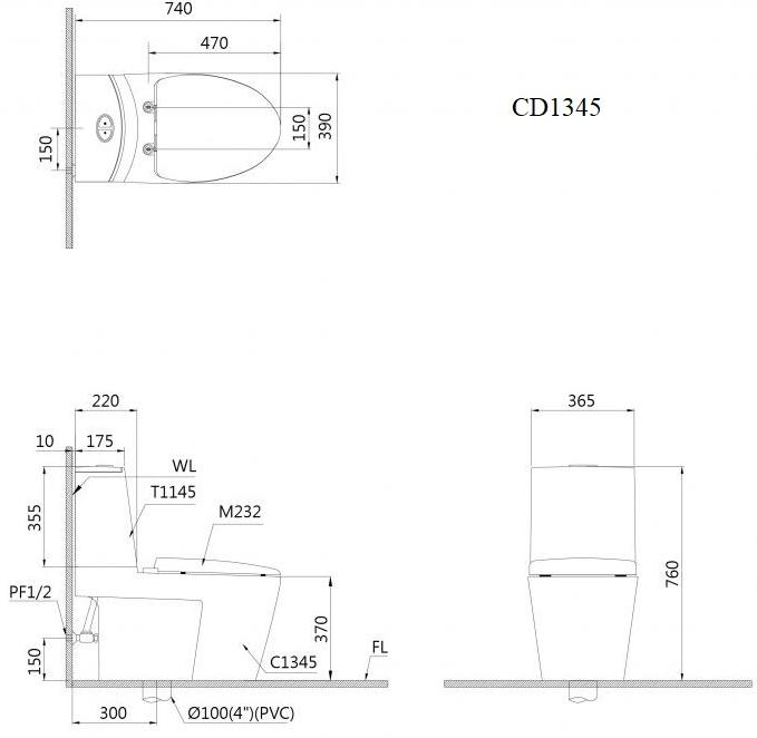 Bản vẽ kỹ thuật bàn cầu caesar CD1345+TAF200H
