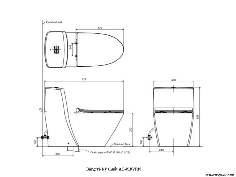Bản vẽ kỹ thuật Bồn Cầu Inax 1 Khối AC-919VRN Nắp Êm