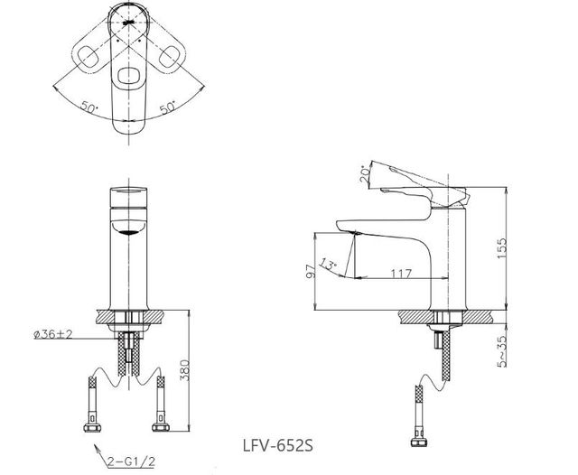 Bản vẽ vòi lavabo nóng lạnh Inax LFV- 652S vòi chân thấp