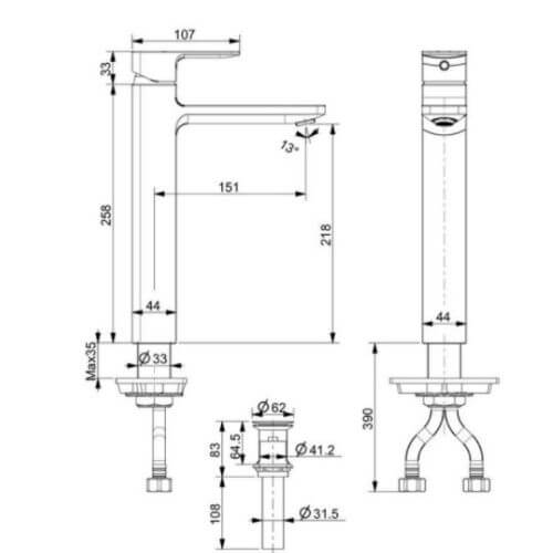 Bản vẽ kỹ thuật vòi lavabo nóng lạnh cổ cao American Standard WF-1302
