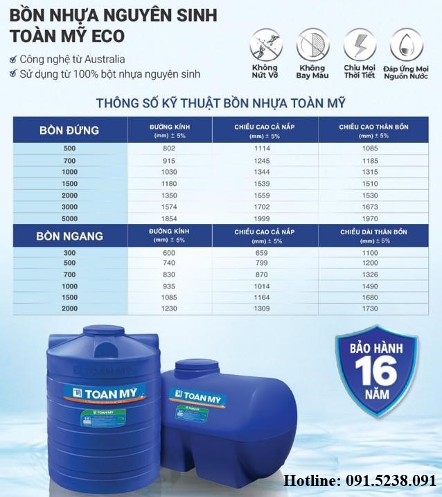 Thông số kỹ thuật bồn nước nhựa Toàn Mỹ Eco bồn đứng và bồn ngang