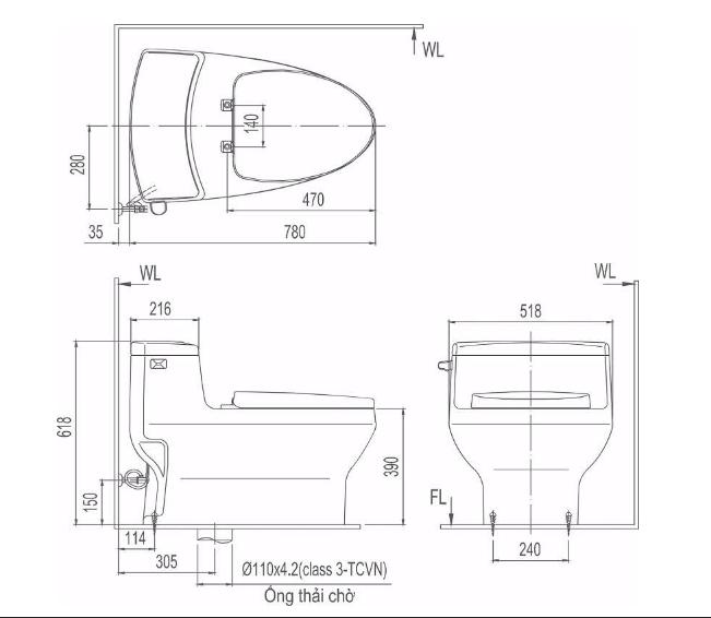 Bản Vẽ Kỹ Thuật bồn cầu Inax 1 khối AC-4005VN (AC 4005VN) nắp êm