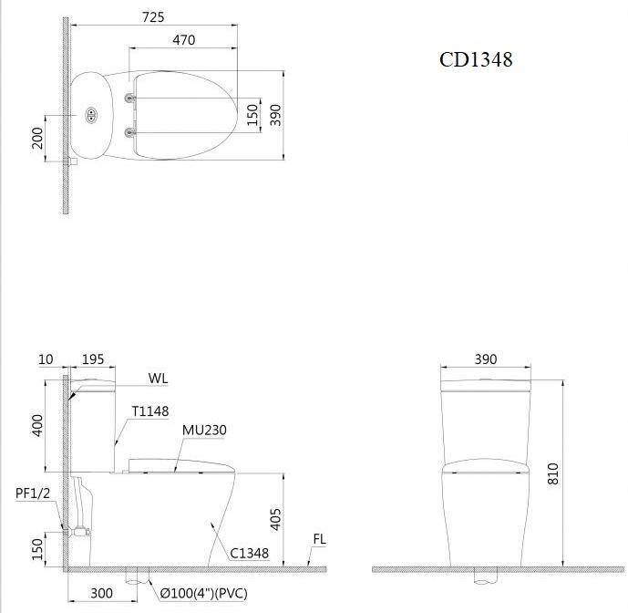 Bản vẽ kỹ thuật bàn cầu caesar CD1348+TAF200H
