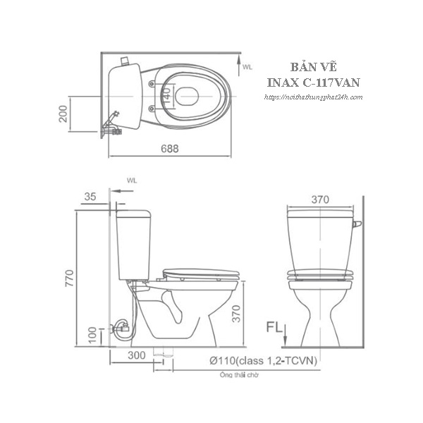 Bản vẽ bồn cầu bệt Inax C-117VAN xả gạt nắp rơi êm