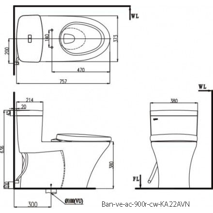 Bản vẽ bồn cầu thông minh Inax AC-900R+CW-KA22AVN