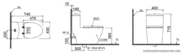 Bản vẽ kỹ thuật bồn cầu 1 khối Caesar CD1363 kết hợp nắp cơ TAF050