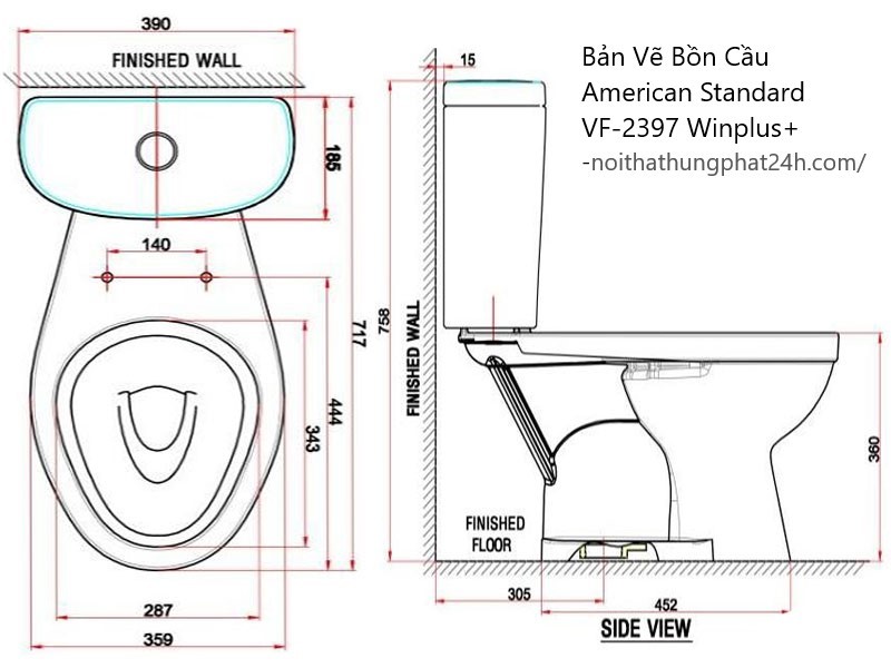 Bản vẽ bồn cầu 2 khối American Standard VF-2397 dòng Winplus+