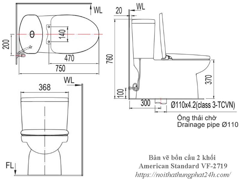 Bản vẽ kỹ thuật bàn cầu 2 khối American Standard VF 2719