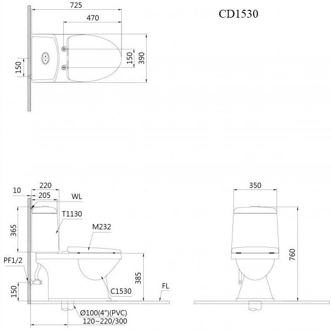 Bản Vẽ Bồn Cầu 2 Khối Caesar CD1530 Xả hai nhấn Nắp Êm