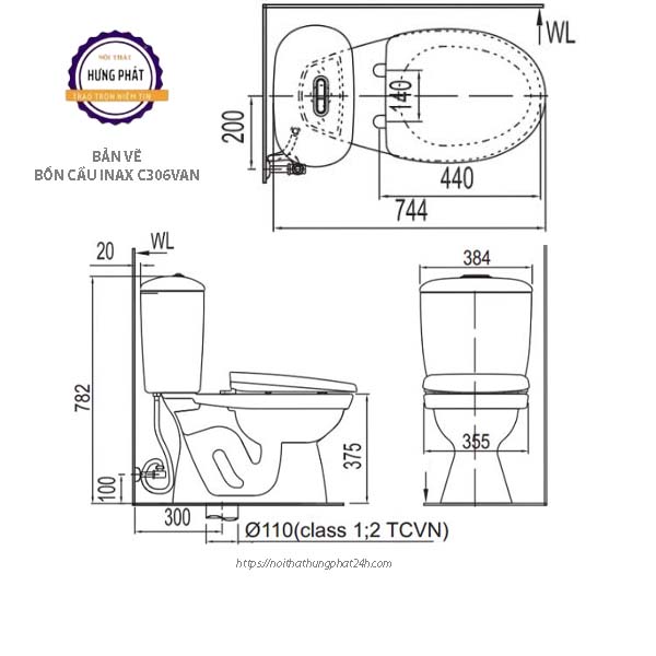 Bản vẽ bồn cầu Inax C-306VAN 2 khối nắp êm xả nhấn