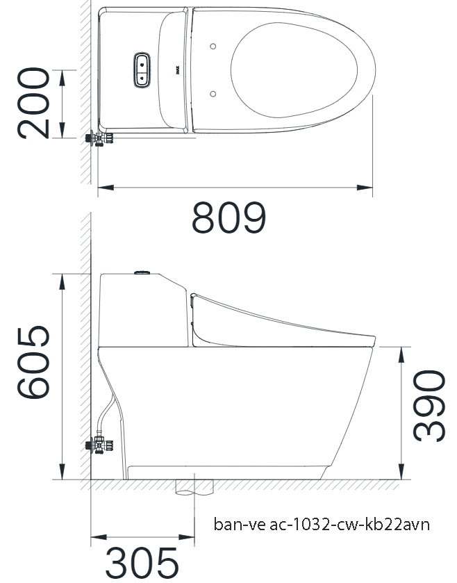 Bản vẽ kỹ thuật bồn cầu thông minh Inax AC-1032/CW-KB22AVN