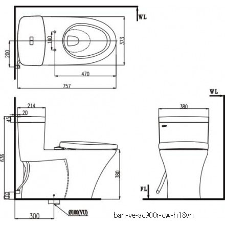 Bản vẽ bàn cầu thông minh Inax AC-900R/CW-H18VN