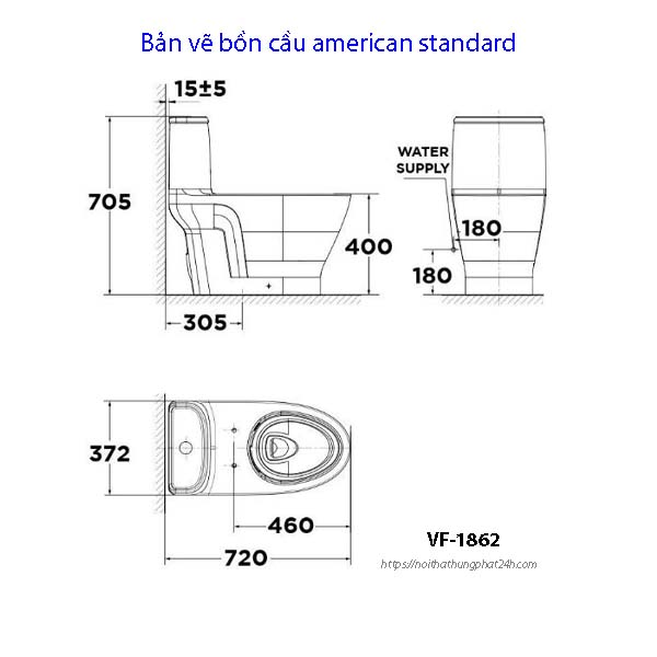 Bản vẽ kỹ thuật bồn cầu 1 khối American Standard VF-1862