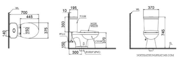 Bản vẽ Bồn Cầu 2 Khối Caesar CT1338 Nắp Thường M220