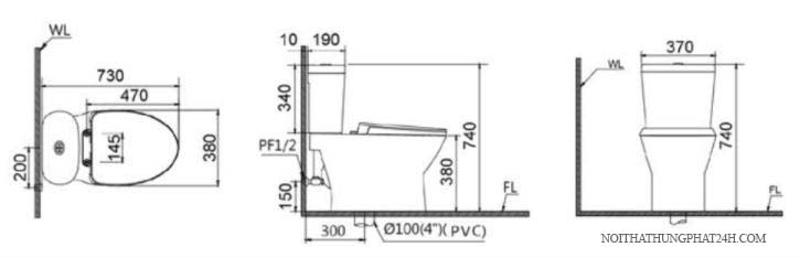 Bản vẽ Bồn Cầu 2 Khối Caesar CD1320 Nắp Cơ TAF050