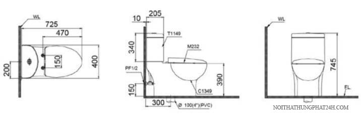 Bản vẽ kỹ thuật bàn cầu caesar CD1349+TAF200H