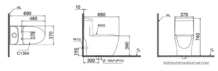 Bản vẽ kỹ thuật bàn cầu caesar CD1364+TAF400H