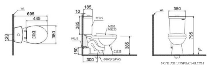 Bản vẽ Bồn Cầu 2 Khối Caesar xả hai nhấn CD1325 Nắp Thường M220