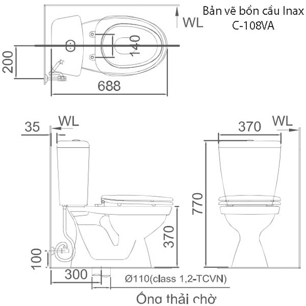 Bản vẽ kỹ thuật của bồn cầu Inax C108VA 2 nhấn nắp thường