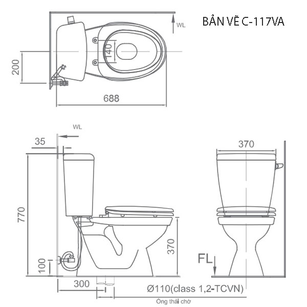 Bản vẽ bồn cầu Inax C-117VA xả gạt nắp thường