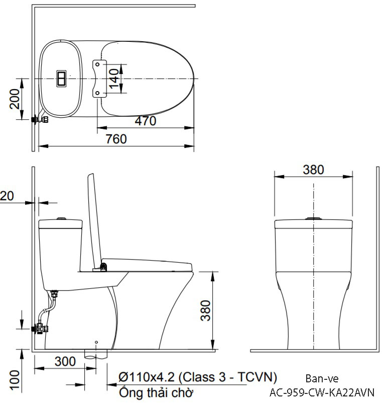 Kích thước bồn cầu thông minh  Inax AC-959A/CW-KA22AVN