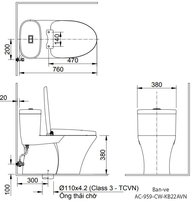 Kích thước bồn cầu thông minh  Inax AC-959A/CW-KB22AVN