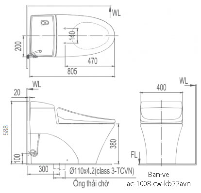 Kích thước bồn cầu thông minh Inax AC-1008R/CW-KB22AVN