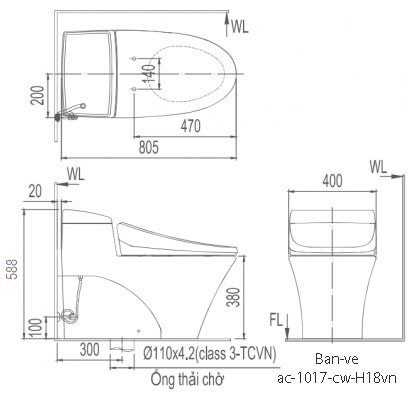 Kích thước bồn cầu thông minh Inax AC-1017R/CW-H18VN