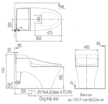 Kích thước bồn cầu thông minh  Inax AC-1017R/CW-KB22AVN