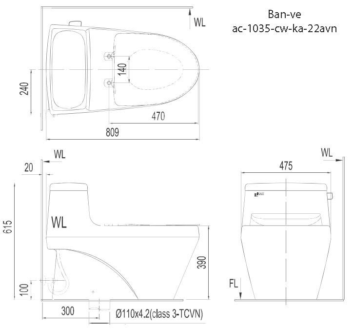Bản vẽ kỹ thuật bồn cầu thông minh Inax AC-1035/CW-KA22AVN