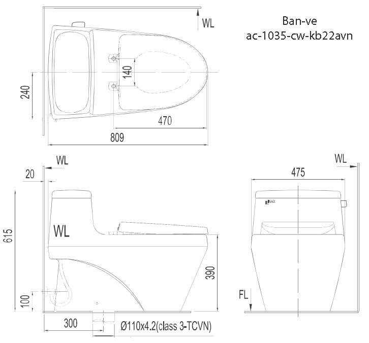 Bản vẽ kỹ thuật bồn cầu thông minh Inax AC-1035/CW-KB22AVN