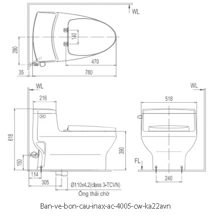 Bản vẽ kỹ thuật bồn cầu thông minh Inax Ac-4005/cw-ka22avn