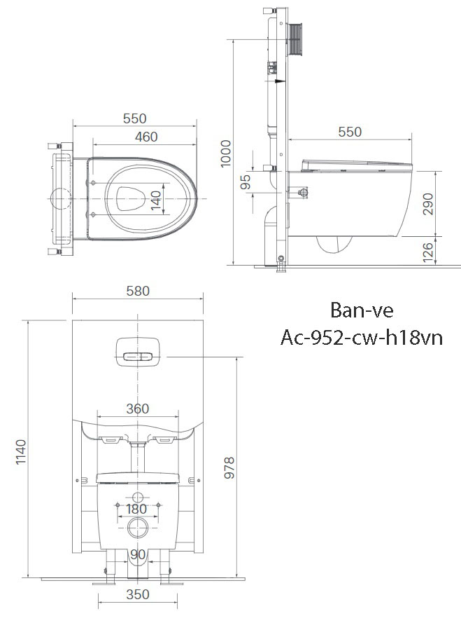 Bản vẽ bồn cầu treo tường thông minh Inax AC-952/CW-H18VN