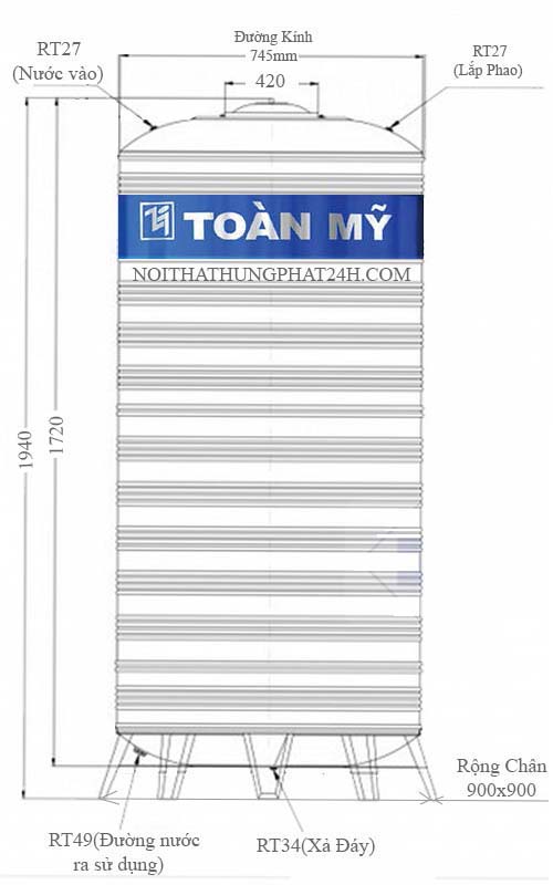 Thông số kỹ thuật bồn chứa nước inox Toàn Mỹ 700L đứng