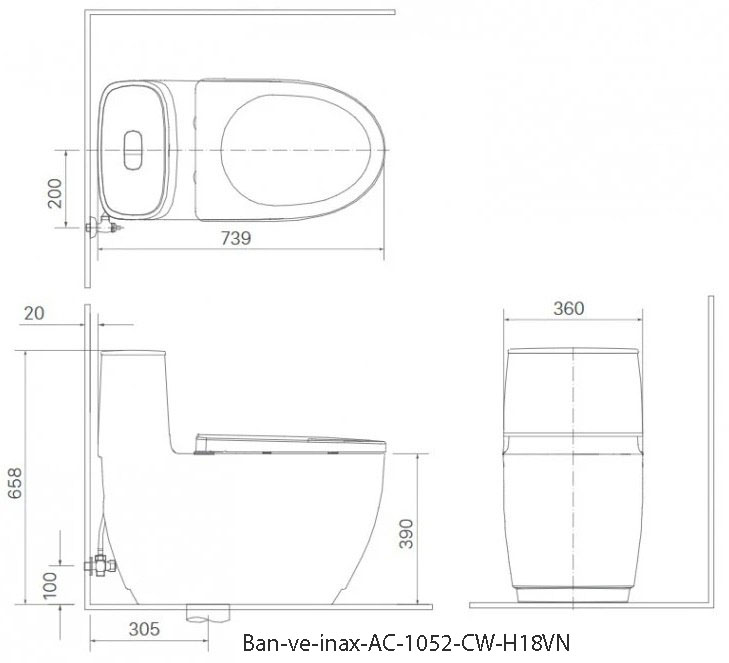 Bản vẽ kỹ thuật bồn cầu thông minh Inax AC-1052/cw-h18vn