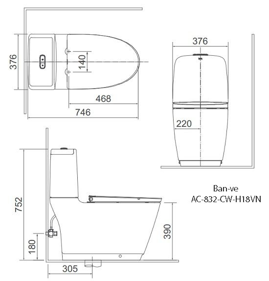 Bản vẽ kỹ thuật bồn cầu thông minh Inax AC-832+CW-H18VN