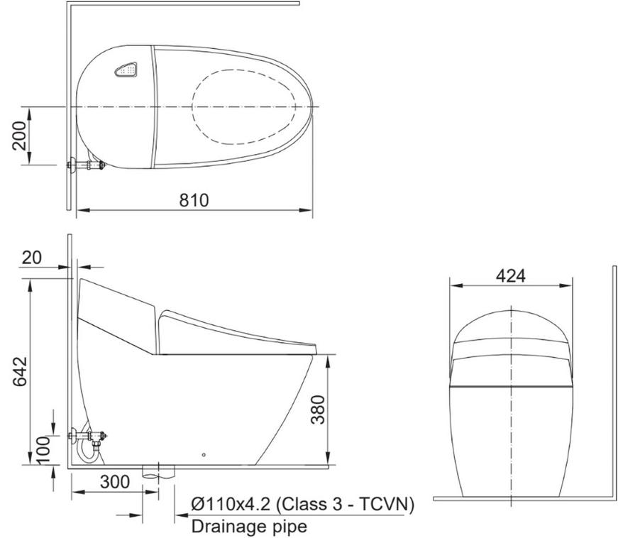 Bản vẽ kỹ thuật Bồn Cầu Inax 1 Khối AC-2700VN Nắp Rơi Êm