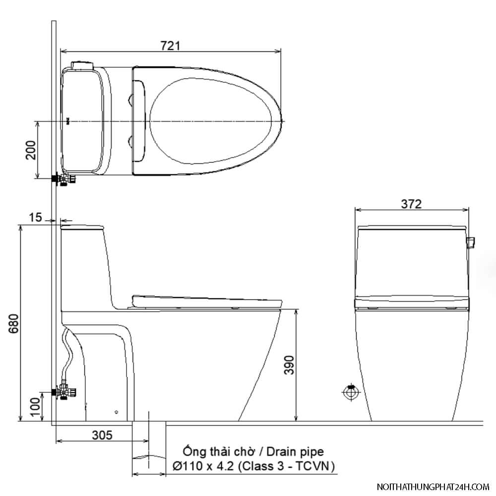 Bản vẽ kỹ thuật bồn cầu Inax 1 khối- AC 912VN xả gạt nắp êm