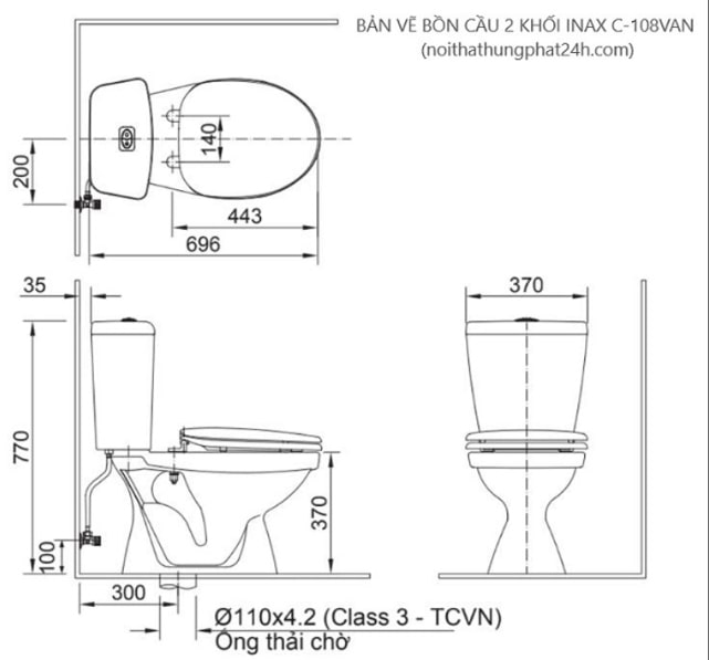 Bản vẽ hướng dẫn lắp đặt bồn cầu Inax 2 khối C-108VAN xả nhấn nắp êm