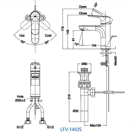 Bản vẽ vòi chậu rửa mặt inax nóng lạnh LFV-1402S