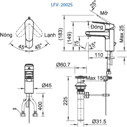 Bản vẽ chi tiết vòi chậu rửa mặt lavabo inax nóng lạnh LFV-2002S