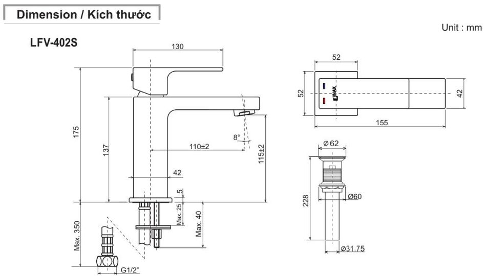 Bản vẽ chi tiết vòi chậu rửa mặt lavabo inax nóng lạnh LFV-402S