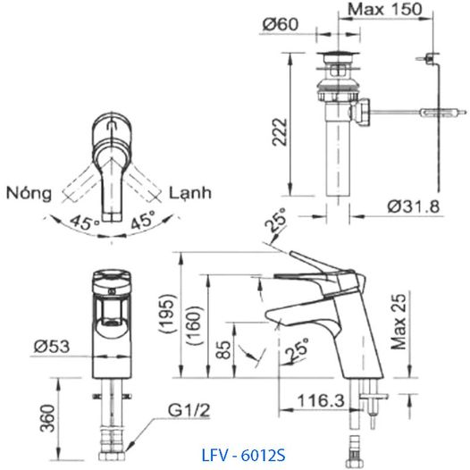 Bản vẽ vòi lavabo nóng lạnh Inax LFV- 6012S