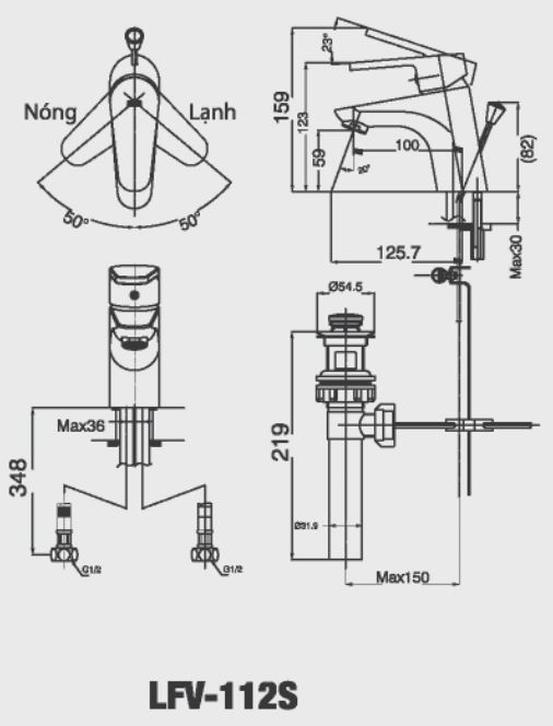 Chi tiết bảng vẽ vòi nóng lạnh xả ty Inax LFV-112s