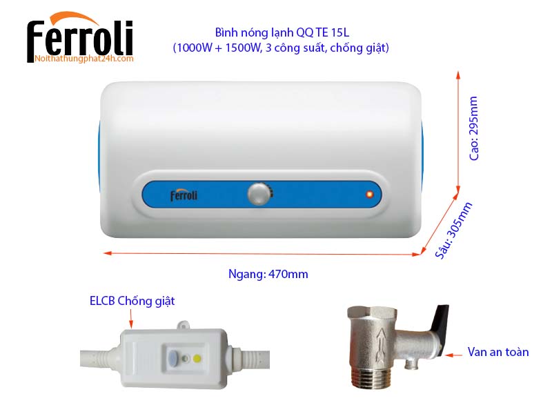 Chi tiết bình nóng lạnh Ferroli gián tiếp QQ TE 15L