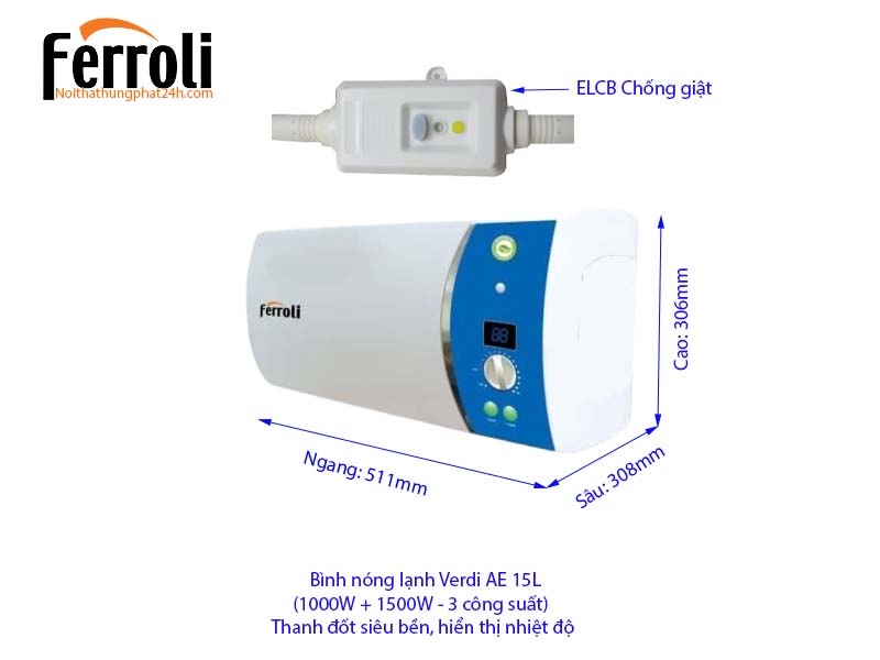 Chi tiết bình nóng lạnh Ferroli gián tiếp Verdi AE 15L